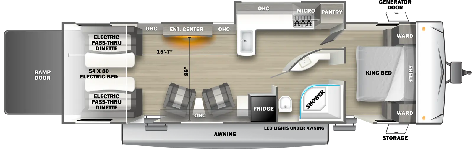 The 2900SRS travel trailer has 1 slideout on the off-door side, 2 entry doors and 1 rear ramp door. Exterior features include an awning with LED lights, front door side storage and front off-door side generator door. Interior layout from front to back includes: front bedroom with foot-facing King bed, shelf over the bed, front corner wardrobes, and door side entry door to outside; door side pass through bathroom with radius shower, toilet, and curved wall vanity; off-door side slideout holding L-shaped kitchen countertop with front facing sink, overhead cabinet, overhead microwave, stovetop and pantry; door side refrigerator; 2 door side recliners with end table; off-door side entertainment center with overhead cabinets; and rear 54 x 80 electric bed over electric pass-through dinette. Cargo length from rear of unit to kitchen countertop is 15 ft. 7 in. Cargo width from entertainment center to door side wall is 86 inches.